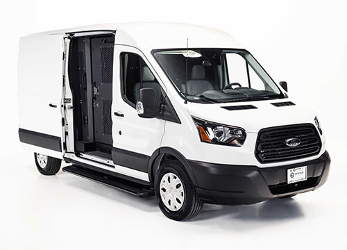 exterior image of white ford transit work and crew vehicle