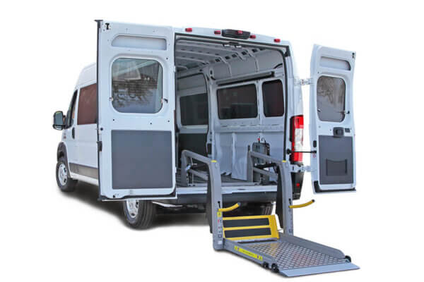 Work and crew van with rear entry ramp displayed