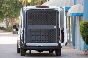rear view of secure transit connect with rear cargo cage closed