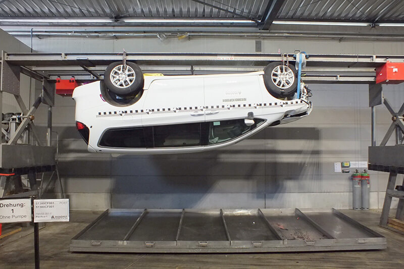 Vehicle hanging upside down during testing