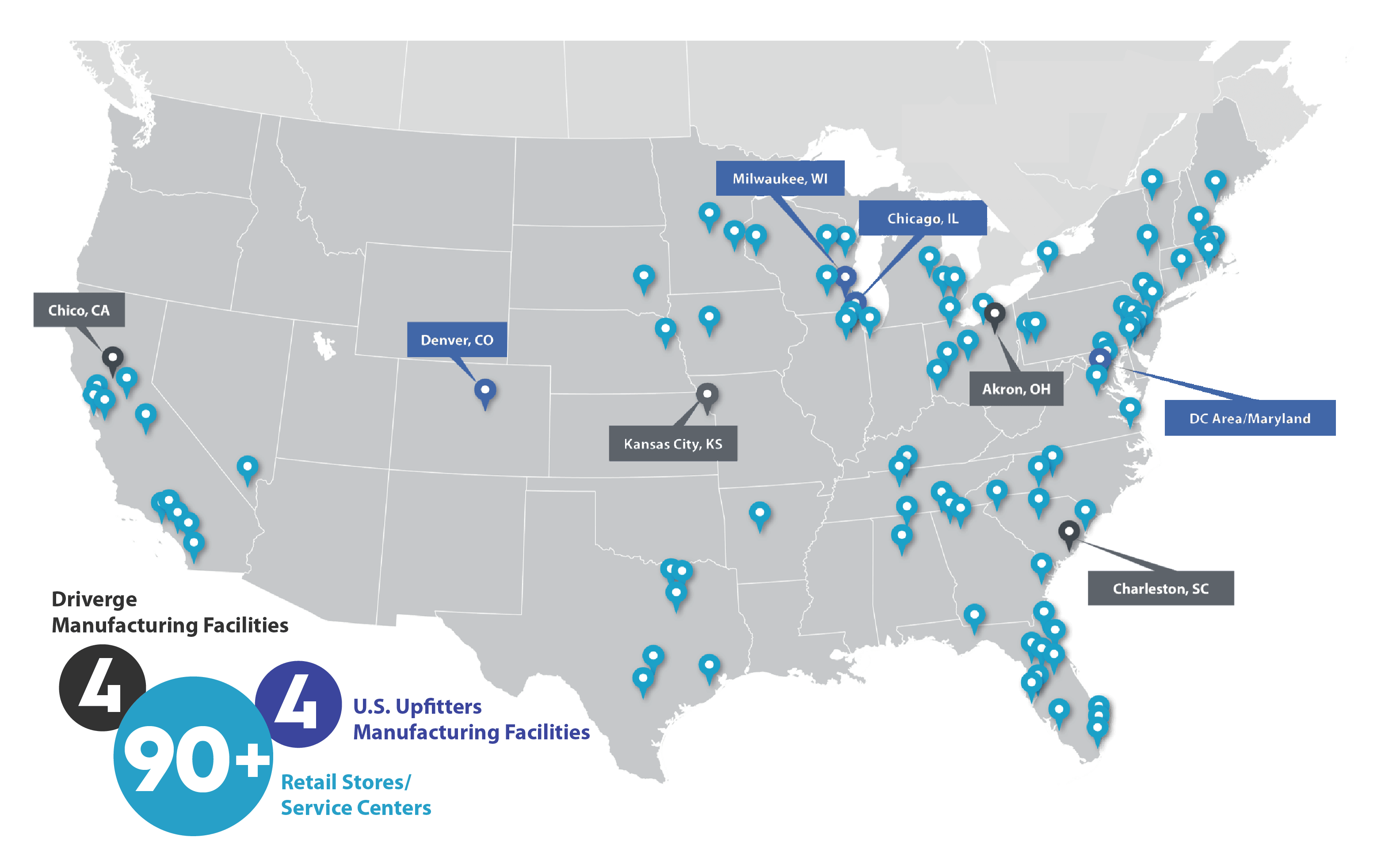 Map of Driverge Manufacturing Facilities, US Upfitters manufacturing facilities and retail stores / service centers.