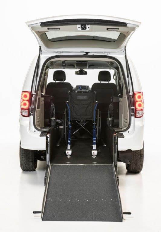 34-inch wide, 1,000-pound capacity manual ramp and 2nd row seats that fold out of the way to create space for a wheelchair passenger.