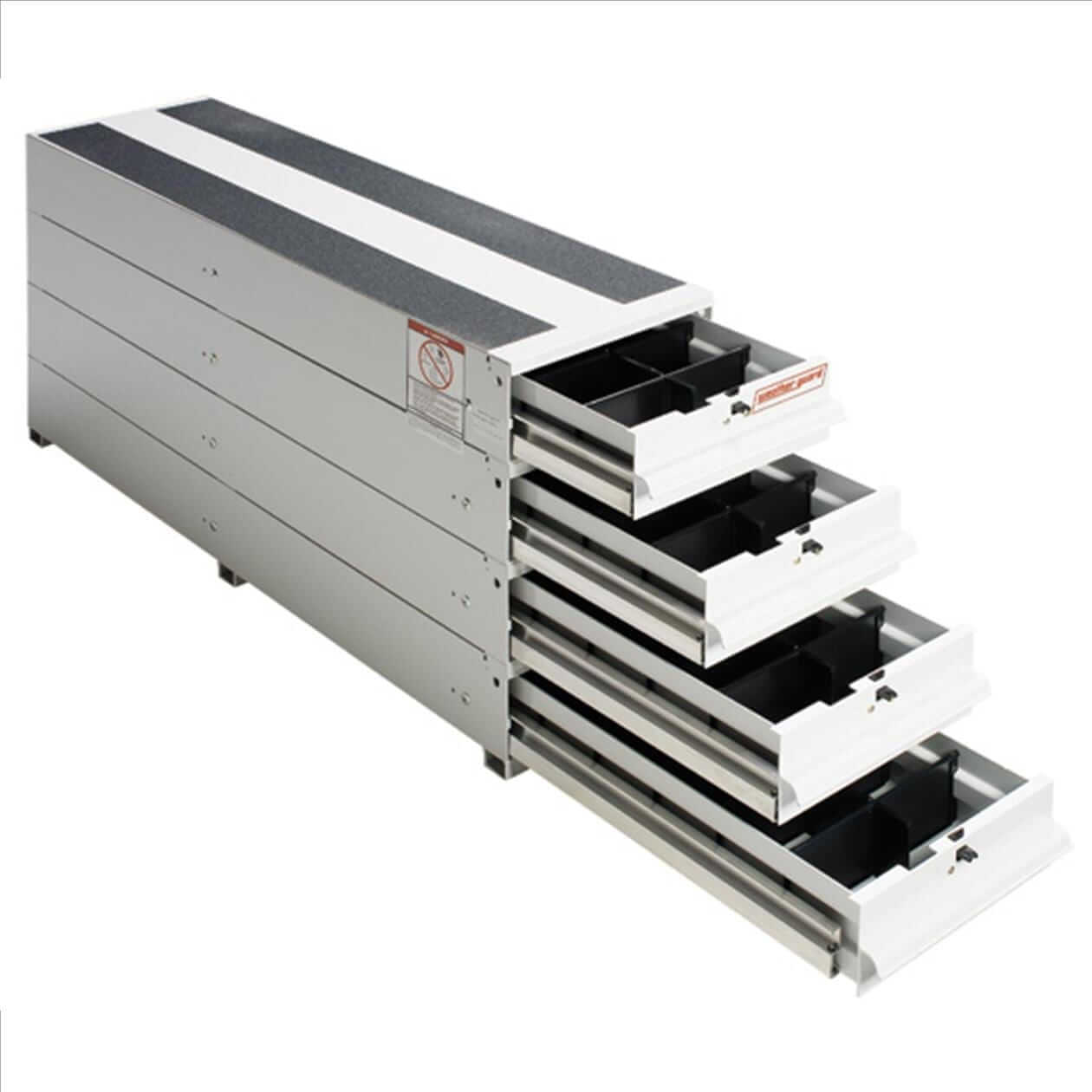 328_1260 A long metal toolbox with multiple open drawers showing empty compartments.