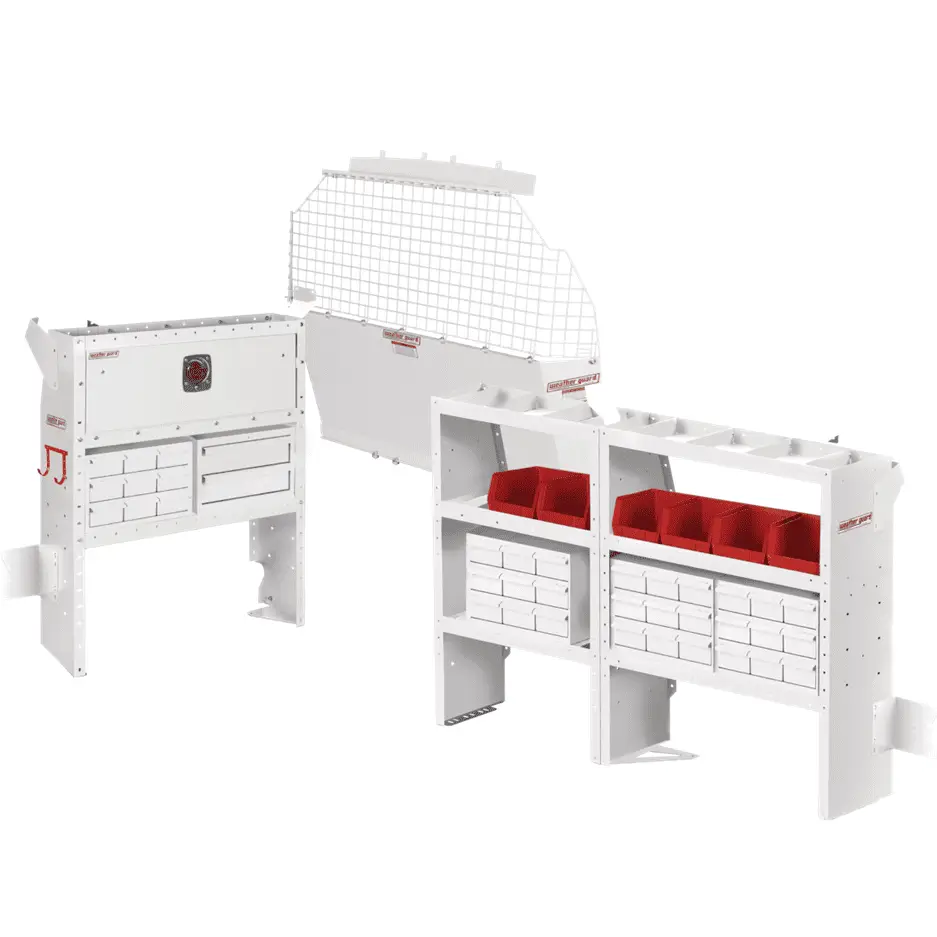600-8312L White metal storage system with shelves, drawers, and red bins. Includes a protective grid divider. Suitable for vehicle or workshop organization.