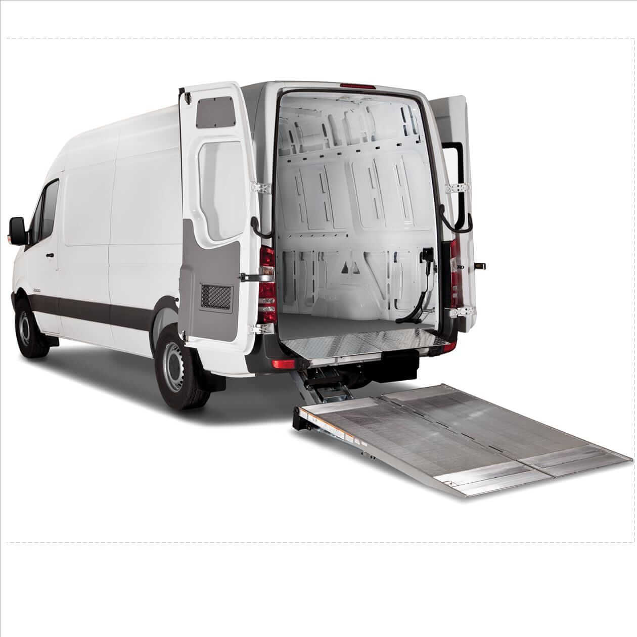 TG-Cant_SPR_Down_main (1) A white delivery van with open rear doors and a deployed metal ramp.