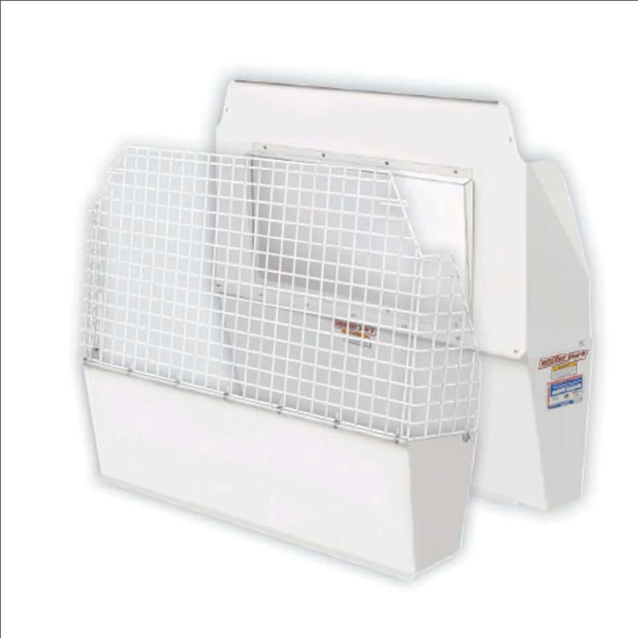 WG96115-3-01 White industrial machine guard with a metal mesh safety cover in front of a solid panel.