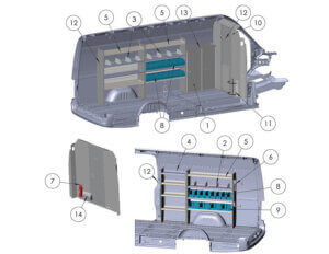 Adrian Sprinter Plumber Package 1 Diagram of a van interior layout with numbered sections illustrating storage compartments, shelves, and other features.