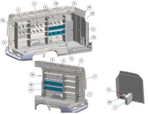 Adrian Transit Plumber Package 1 Diagram of a commercial minivan interior with numbered storage compartments and shelving, highlighting various sections and components for organizational purposes.