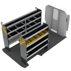 Ranger Design RAM-ProMaster Plumber Package 1 Van shelving and partition system designed specifically for commercial wheelchair minivans, featuring multiple storage compartments and a sturdy metal divider.