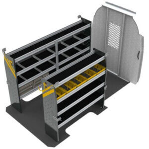 Ranger Design Sprinter 144in Plumber Package 1 Metal storage shelves with yellow bins and a partition wall, designed for vehicle interiors. Ideal for organizing tools and equipment.