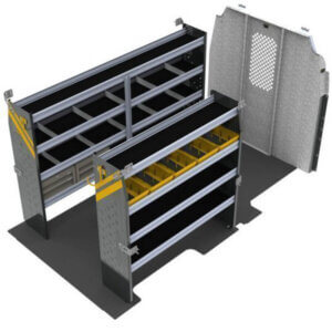 Ranger Design Transit Plumber Package 1 Metal storage shelving unit with multiple shelves and bins, expertly designed for commercial wheelchair minivans’ interiors. It features a perforated partition and yellow caution tape on the edges to ensure safety and organization during transit.