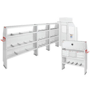 WG Sprinter Plumber Package 1 White metal shelves and storage units with hooks and panels, designed for organizing tools and equipment, perfect for commercial settings like wheelchair minivans.