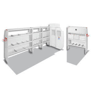 WG Transit Plumber Package 1 White industrial storage shelves and a cabinet with compartments, designed for organizing tools and equipment, perfectly complement any commercial workspace or wheelchair minivan setup.