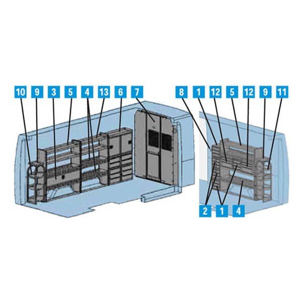 Blueprint diagram of a vocational cargo van interior with numbered labels indicating sections and compartments on shelving units and walls, tailored for HVAC tools and equipment. Blueprint diagram of a vocational cargo van interior with numbered labels indicating sections and compartments on shelving units and walls, tailored for HVAC tools and equipment.