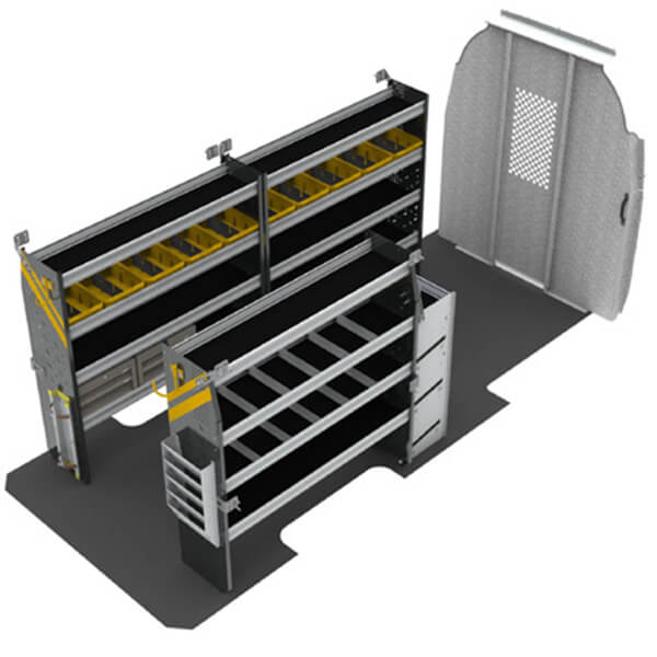 An organized vocational van shelving system with racks, bins, and a partition wall, designed specifically for HVAC professionals to ensure efficient tool access and storage. An organized vocational van shelving system with racks, bins, and a partition wall, designed specifically for HVAC professionals to ensure efficient tool access and storage.