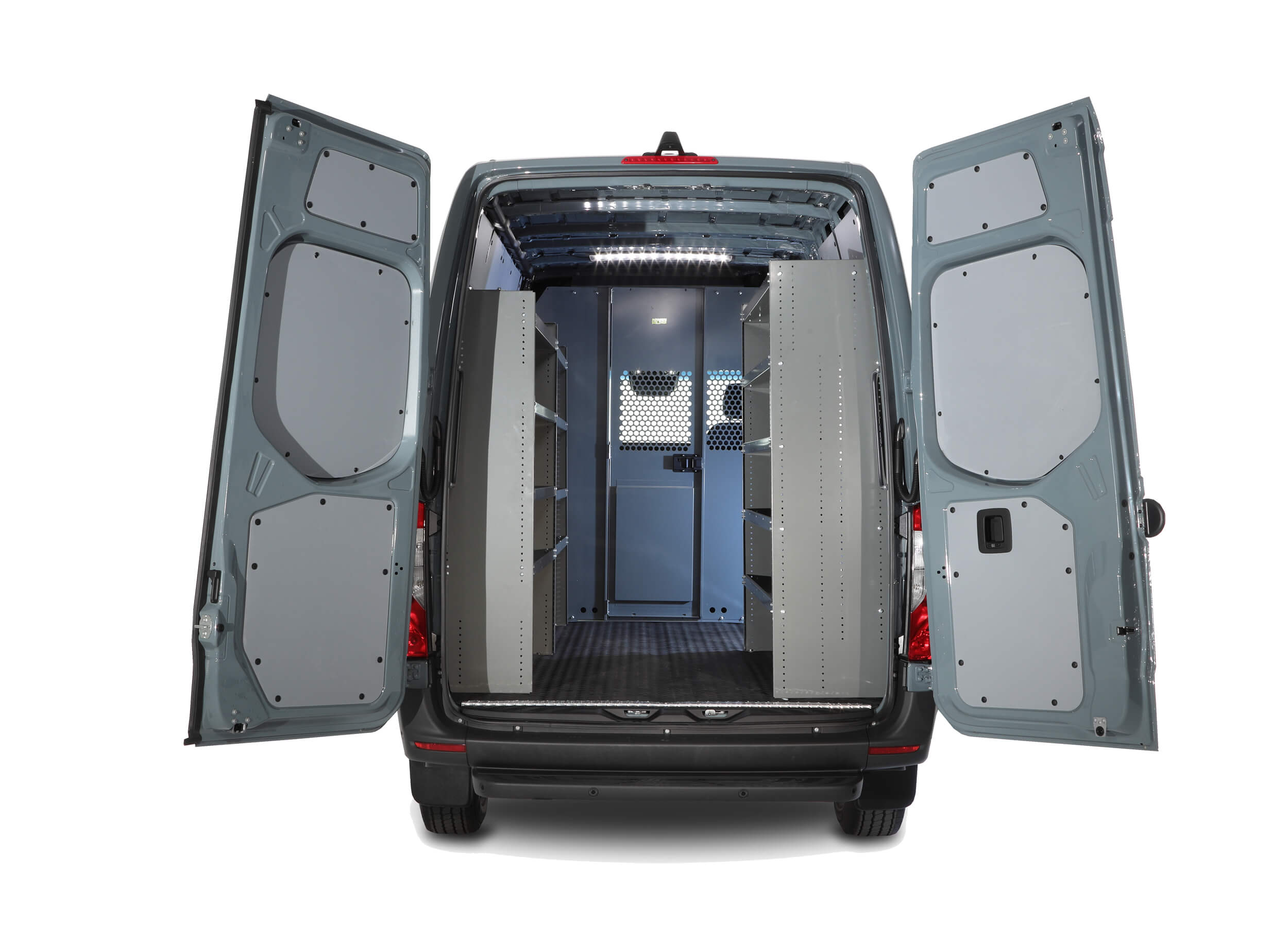 Cargo van with rear doors open, revealing empty, organized metal shelving and a non-slip floor, perfect for vocational trades like HVAC. Cargo van with rear doors open, revealing empty, organized metal shelving and a non-slip floor, perfect for vocational trades like HVAC.
