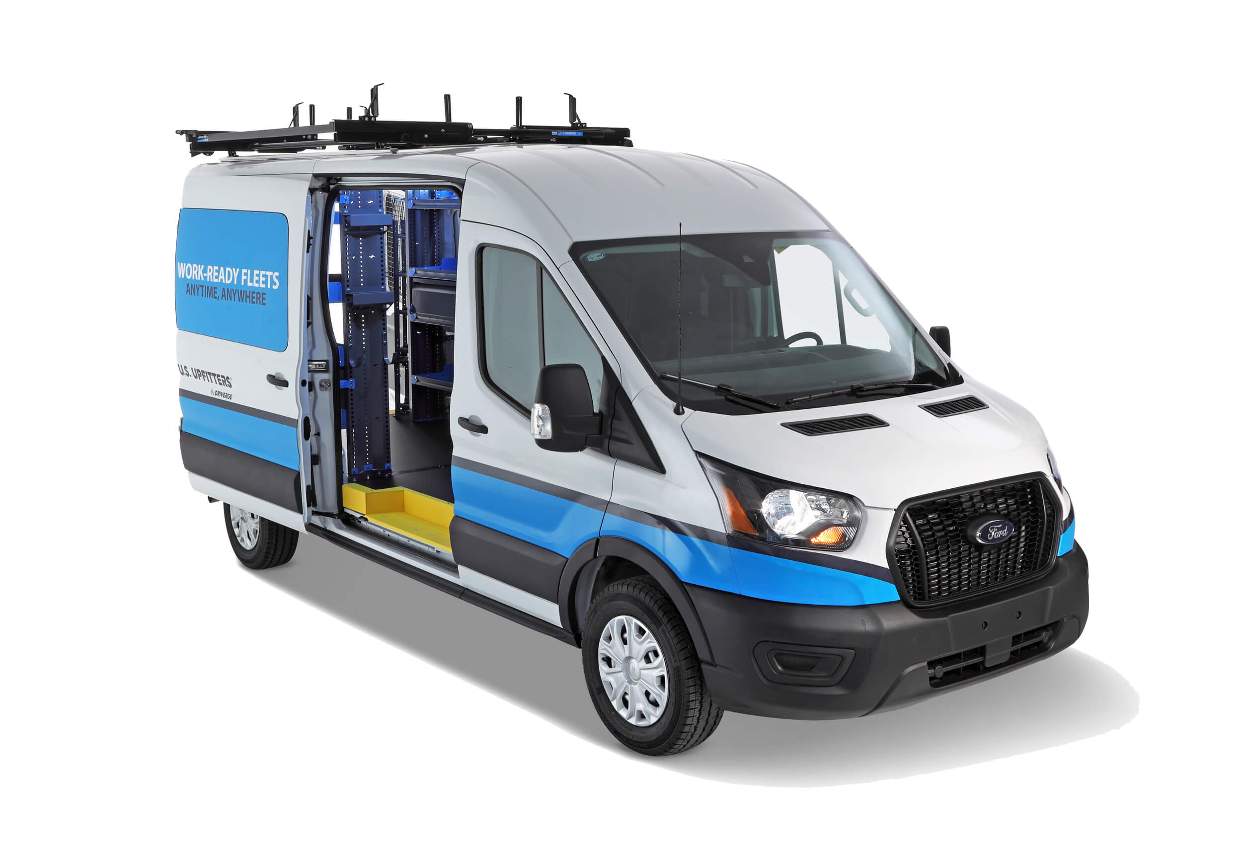 White and blue vocational work van with open side door, displaying interior shelving and HVAC equipment. Roof rack is visible.