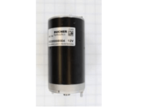 A cylindrical black motor with a silver base and labeled Bucher is shown standing upright on a grid background.