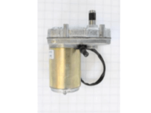 A small electric motor with a cylindrical metal housing, mounted to a flat metal base, and a black wire attached.