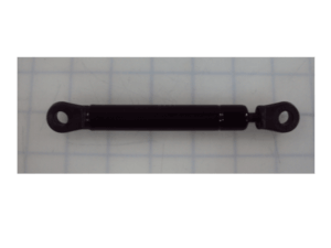 A black metal rod with circular eyelets at both ends, placed on a grid-patterned surface.