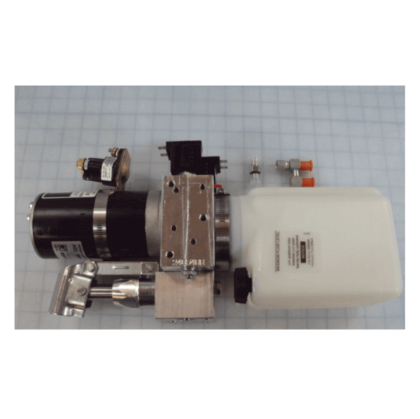 A hydraulic pump assembly with an electric motor, metal mounting bracket, fluid reservoir, and attached valves on a grid-patterned background.