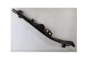 A black metal car window regulator assembly is displayed on a grid background, showing mounting points and cable mechanism.