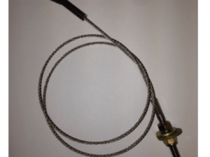 A steel wire cable with a looped end and an attached threaded bolt, nut, and washer, displayed on a plain, light background.