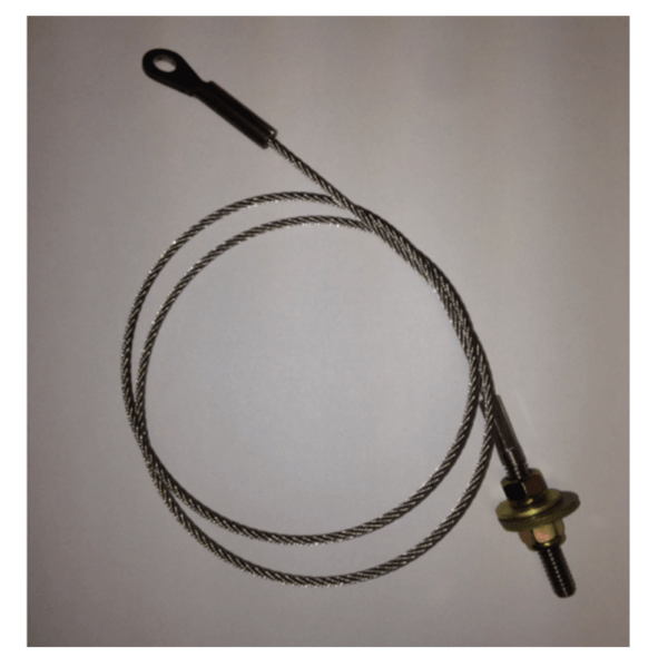 A steel wire cable with a looped end and an attached threaded bolt, nut, and washer, displayed on a plain, light background.