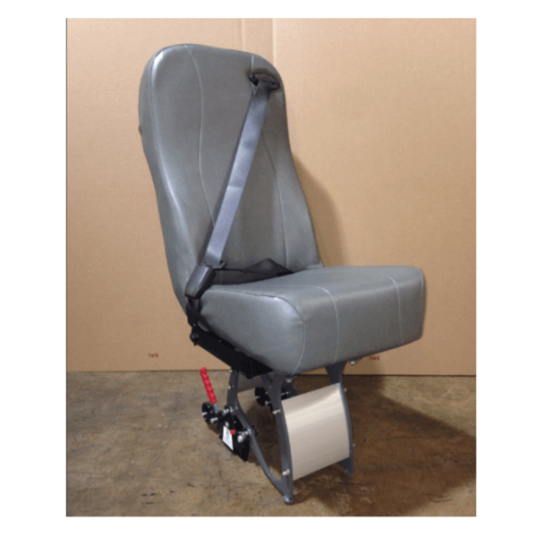 A single gray vehicle seat with an attached seatbelt and metal base is positioned on a concrete floor against a plain brown background.
