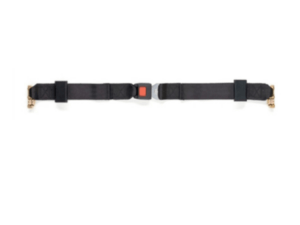 Black adjustable seat belt with a red release button and metal clips on each end, laid out horizontally on a white background.