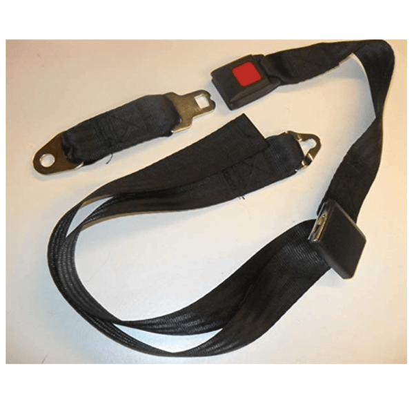 Black car seat belt with a metal latch, a fabric strap, and a buckle featuring a red release button, displayed on a plain surface.