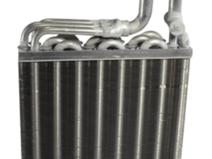 A metal automotive evaporator coil with multiple thin fins and several connected pipes, used in vehicle air conditioning systems.
