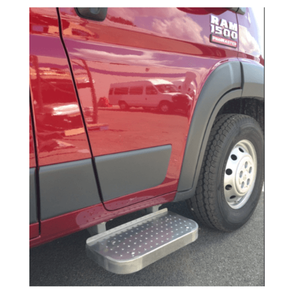 Side view of a red RAM 1500 ProMaster van showing the front passenger door, tire, and a metallic side step below the door.