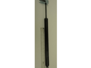 A gas strut is mounted vertically next to a ruler on a white background, showing its length for scale.