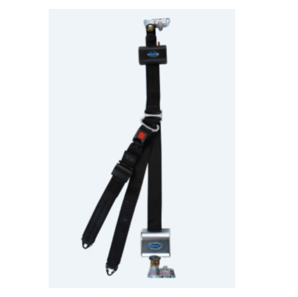 A three-point black seatbelt harness with metal buckles and mounting hardware, displayed vertically against a plain light background.