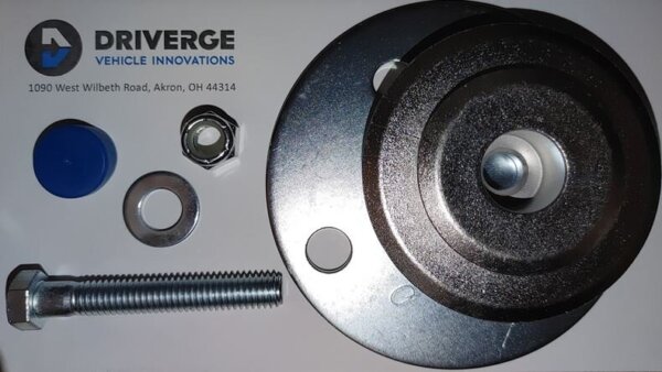 Assorted metal automotive hardware, including a bolt, nut, washer, and two round plates, displayed on a DIRVERGE Vehicle Innovations card.