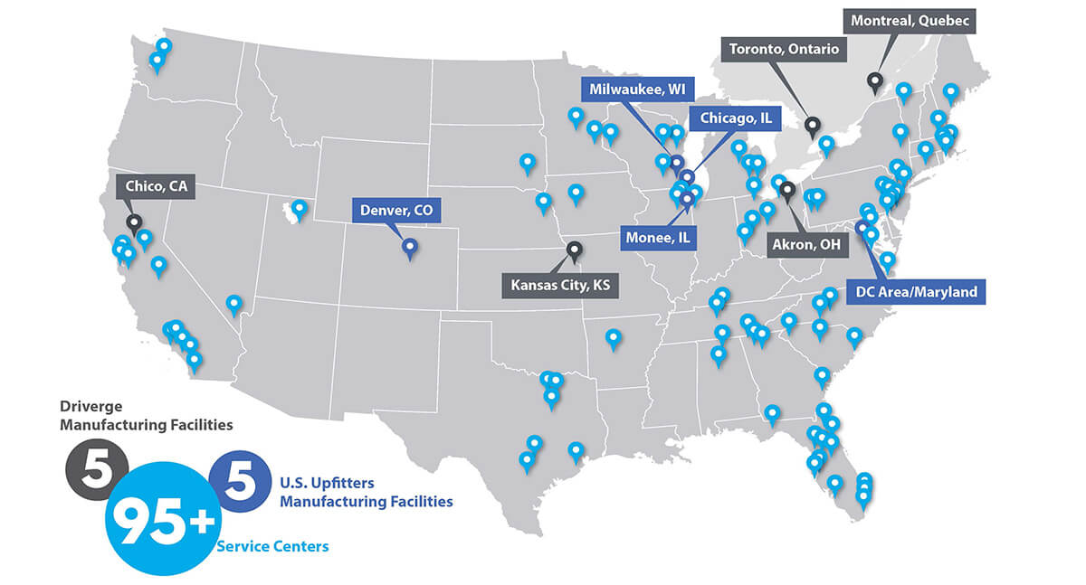 A map of North America shows locations of Driverge manufacturing facilities, U.S. upfitters manufacturing facilities, and over 95 service centers for Commercial Shuttles.
