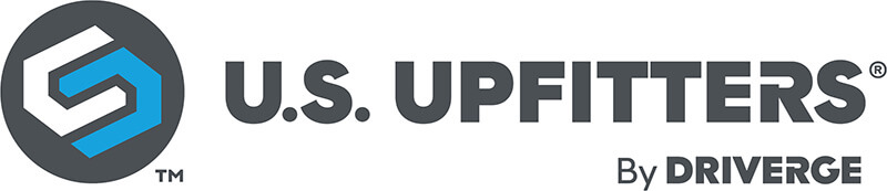 Logo for U.S. Upfitters by Driverge, featuring a blue, white, and gray geometric icon to the left of the company name in bold gray text, representing expertise in Commercial Shuttles.