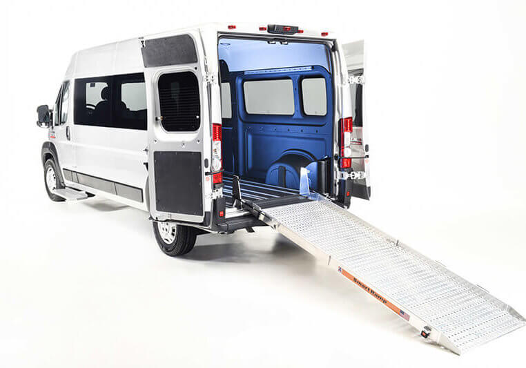 ram-promaster-with-rear-ramp Outside view of the Ramp promaster with long rear ramp
